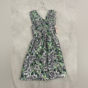Green white and black floral print dress
